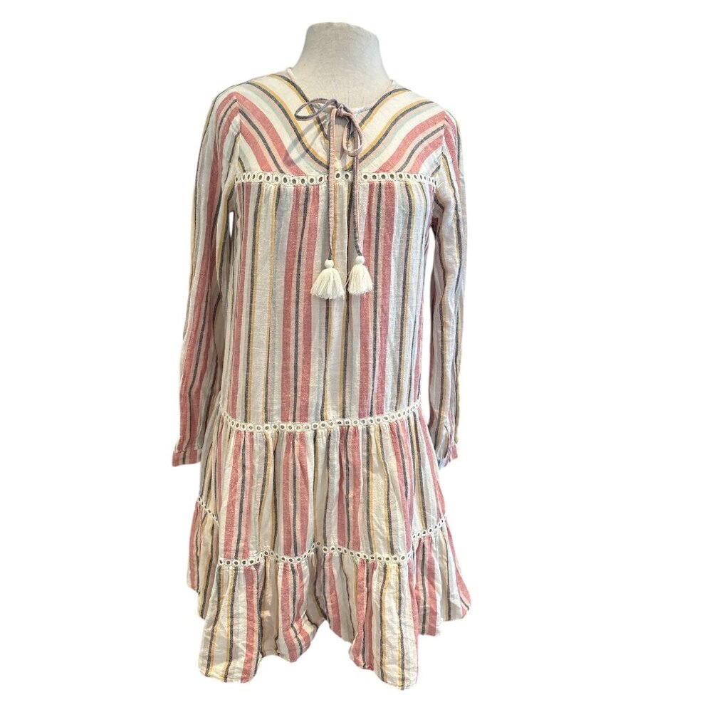 Caslon Multicolor Striped Long Sleeve Tassel Detail Dress Size S